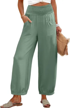 Harem Pants Women Wide Leg Elastic Waist Summer Linen Pants Flowy Loose Baggy Palazzo Trendy Beach Vacation Trousers