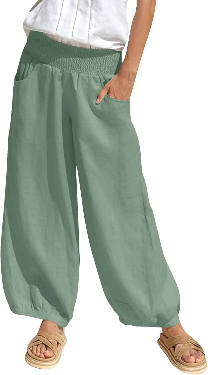 Harem Pants Women Wide Leg Elastic Waist Summer Linen Pants Flowy Loose Baggy Palazzo Trendy Beach Vacation Trousers
