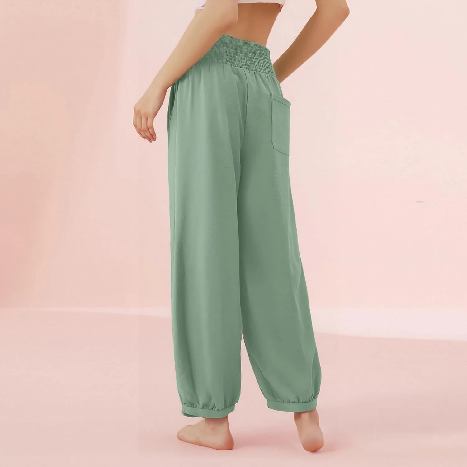 Harem Pants Women Wide Leg Elastic Waist Summer Linen Pants Flowy Loose Baggy Palazzo Trendy Beach Vacation Trousers