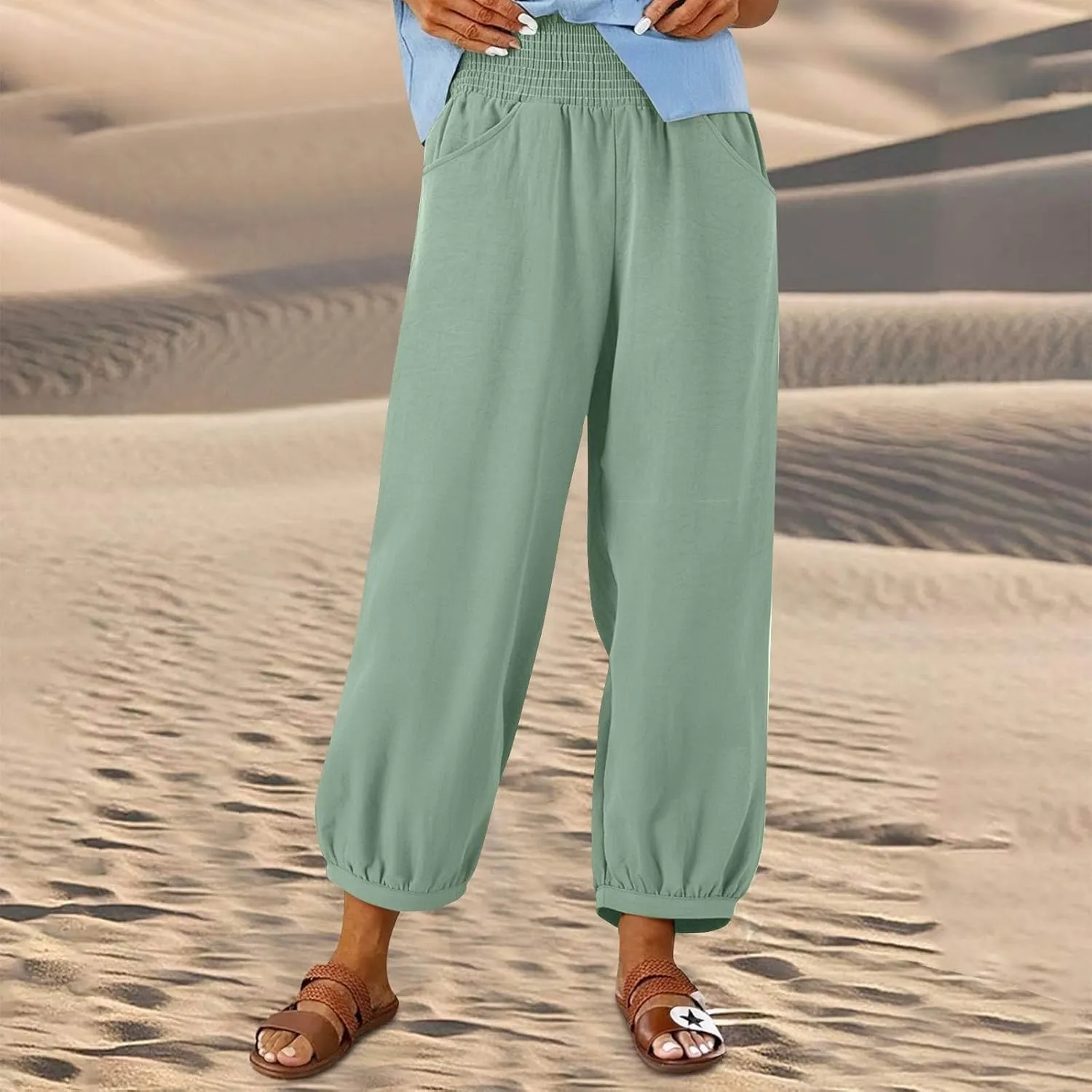 Harem Pants Women Wide Leg Elastic Waist Summer Linen Pants Flowy Loose Baggy Palazzo Trendy Beach Vacation Trousers