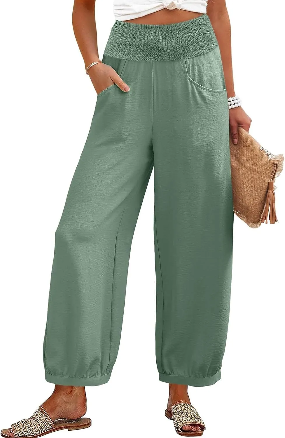 Harem Pants Women Wide Leg Elastic Waist Summer Linen Pants Flowy Loose Baggy Palazzo Trendy Beach Vacation Trousers