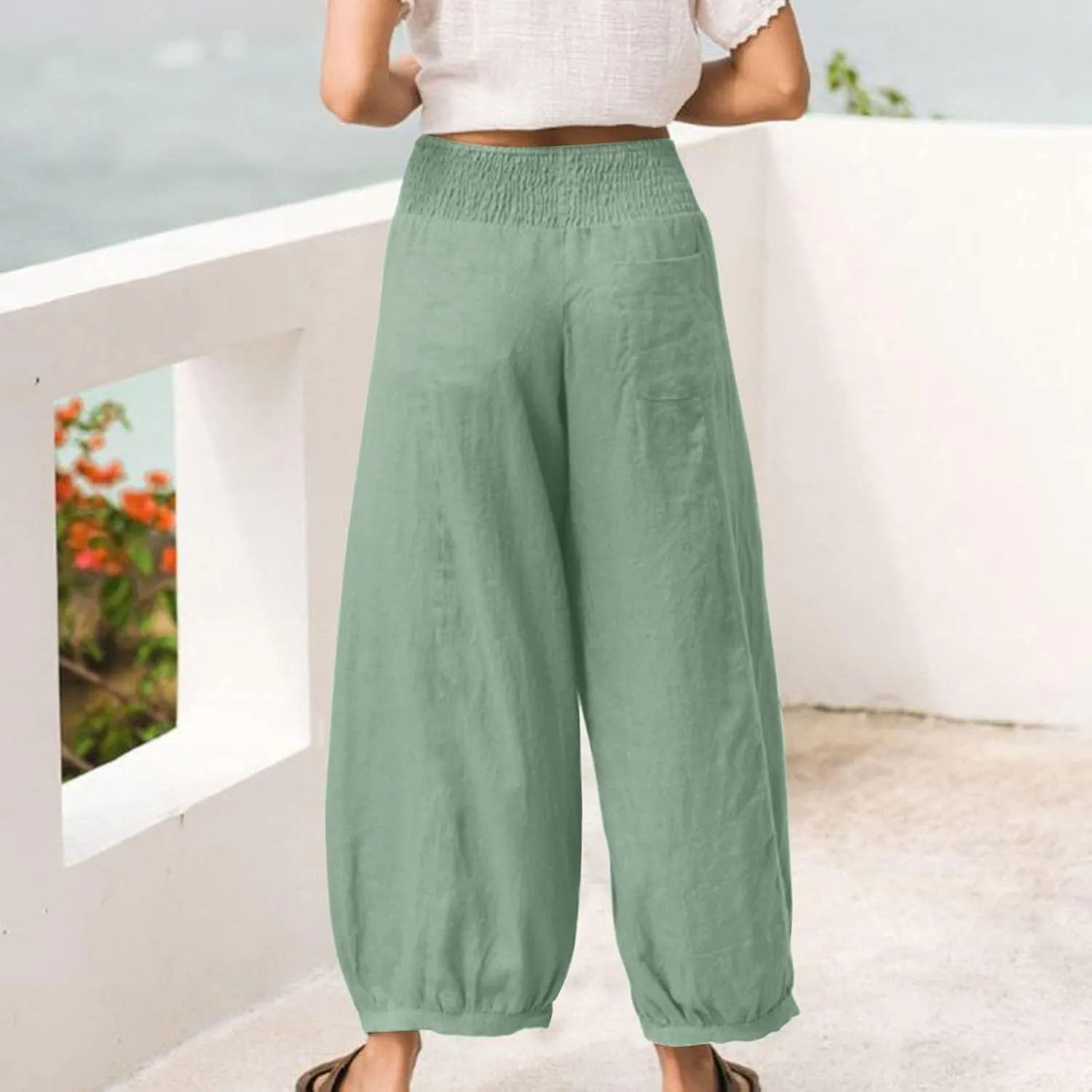 Harem Pants Women Wide Leg Elastic Waist Summer Linen Pants Flowy Loose Baggy Palazzo Trendy Beach Vacation Trousers