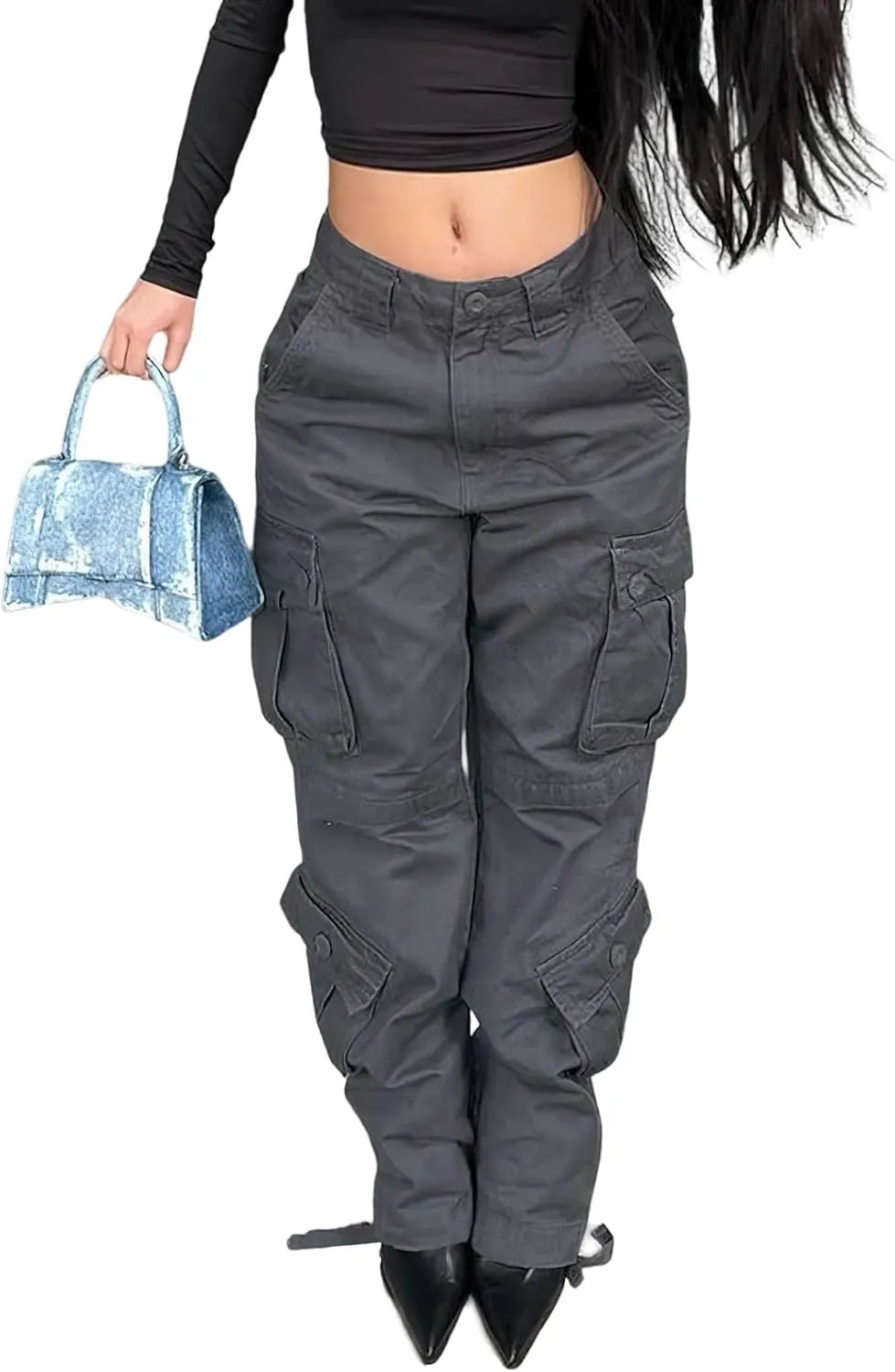 High Waisted Cargo Jeans for Women Straight Wide Leg Y2k Streetwear Cargo Pants Baggy Boyfriend Denim Pants with Pockets