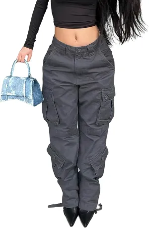 High Waisted Cargo Jeans for Women Straight Wide Leg Y2k Streetwear Cargo Pants Baggy Boyfriend Denim Pants with Pockets