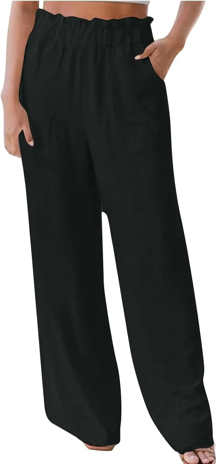 High Waisted Palazzo Pants Women Wide Leg Trousers, Casual Linen Pants with Pockets for Work or Lounge