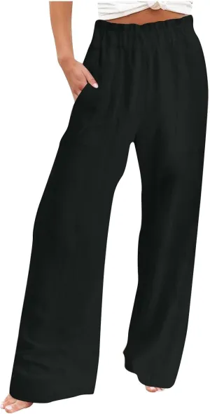 High Waisted Palazzo Pants Women Wide Leg Trousers, Casual Linen Pants with Pockets for Work or Lounge