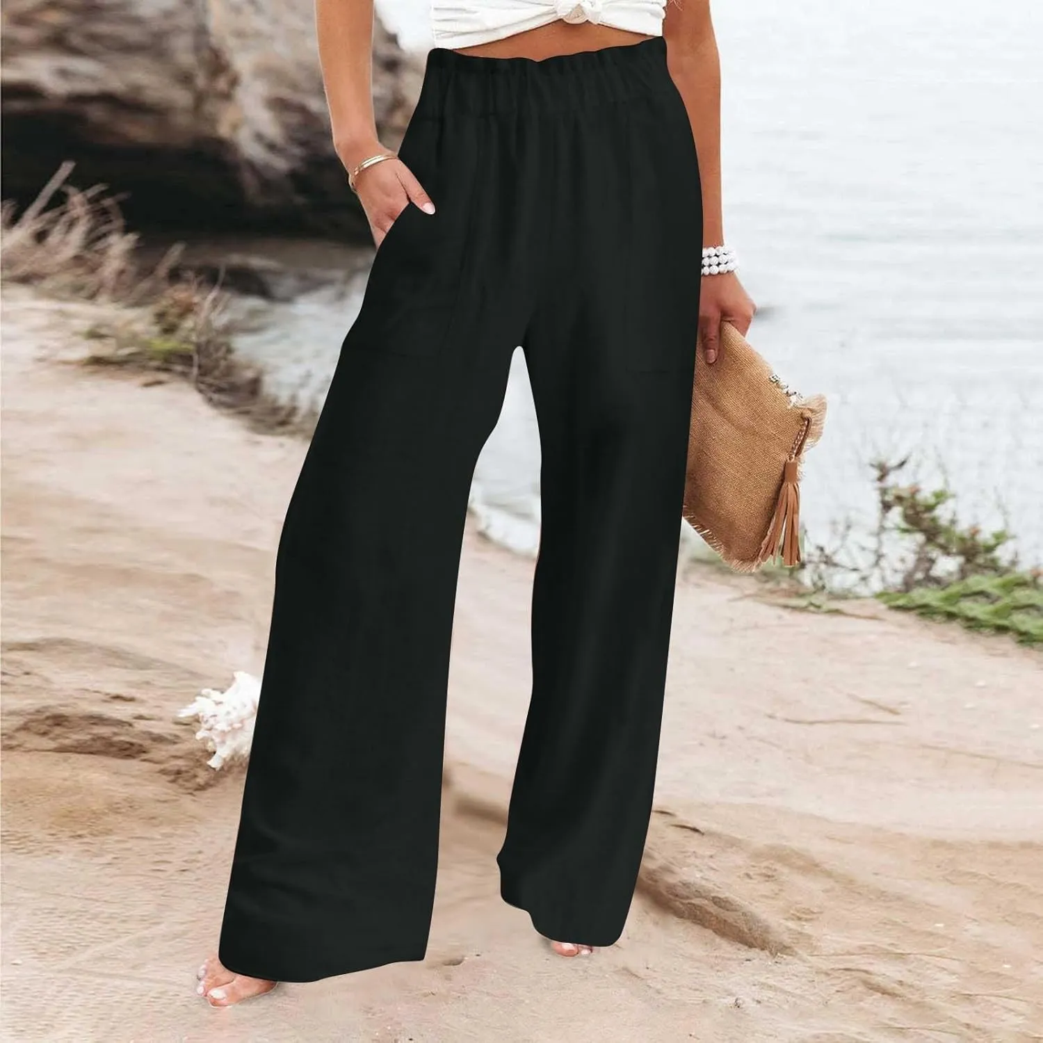 High Waisted Palazzo Pants Women Wide Leg Trousers, Casual Linen Pants with Pockets for Work or Lounge