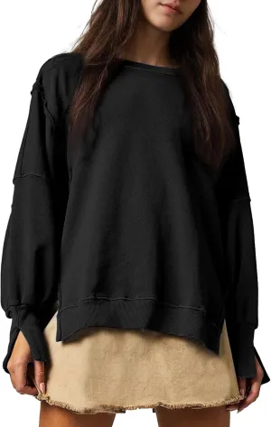 Hixiaohe Women's Oversized Crewneck Sweatshirts Casual Long Sleeve Side Split Pullover Tops Fall Slouchy Hoodie