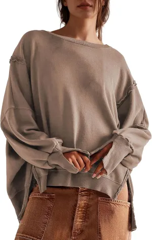 Hixiaohe Women's Oversized Crewneck Sweatshirts Casual Long Sleeve Side Split Pullover Tops Fall Slouchy Hoodie