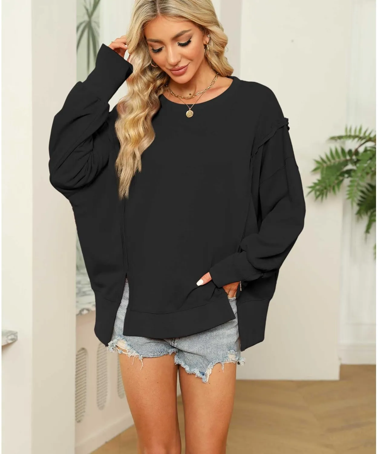 Hixiaohe Women's Oversized Crewneck Sweatshirts Casual Long Sleeve Side Split Pullover Tops Fall Slouchy Hoodie