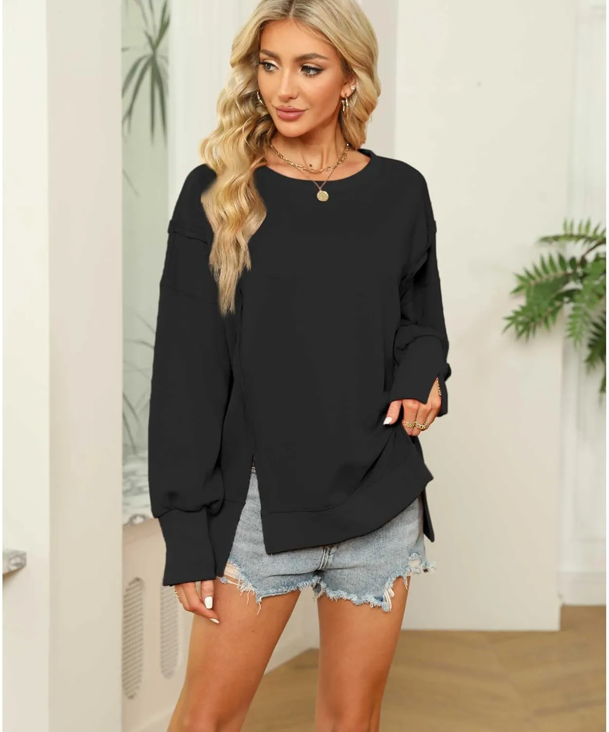 Hixiaohe Women's Oversized Crewneck Sweatshirts Casual Long Sleeve Side Split Pullover Tops Fall Slouchy Hoodie