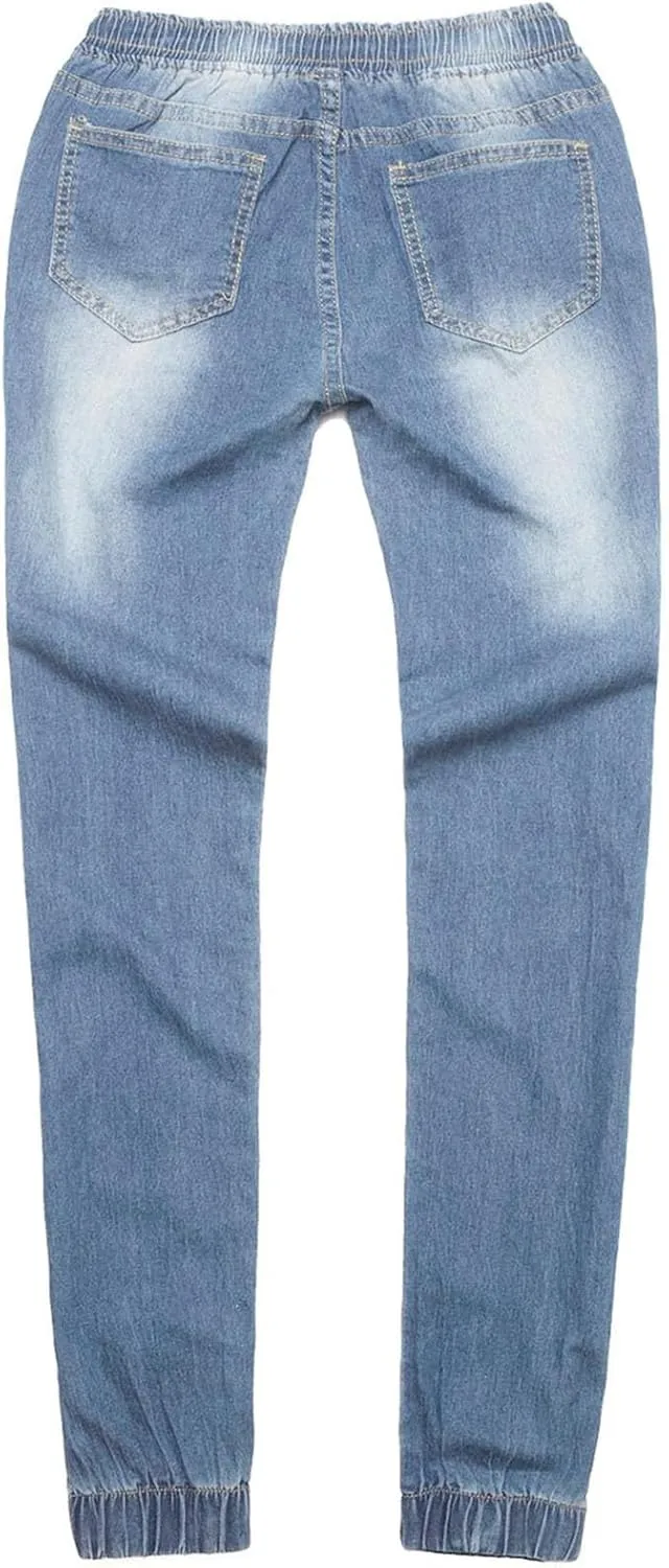 hlysgo Women Pull On Denim Joggers High Waist Stretch Drawstring Jeans with Pocket Casual Baggy Straight Jeans Trousers