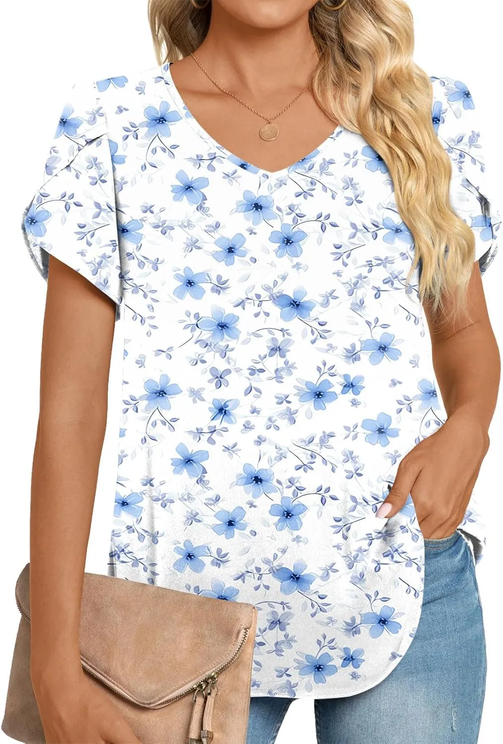 HOTGIFT Womens Tunic Tops 2025 Summer Short Sleeve V Neck Chiffon T Shirt M-3XL