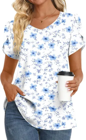 HOTGIFT Womens Tunic Tops 2025 Summer Short Sleeve V Neck Chiffon T Shirt M-3XL