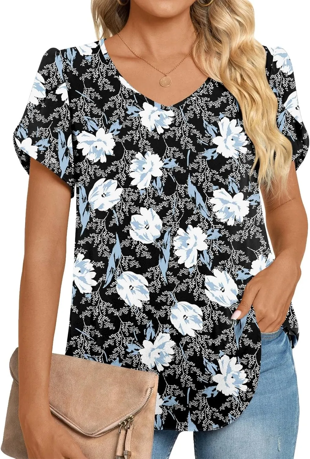 HOTGIFT Womens Tunic Tops 2025 Summer Short Sleeve V Neck Chiffon T Shirt M-3XL