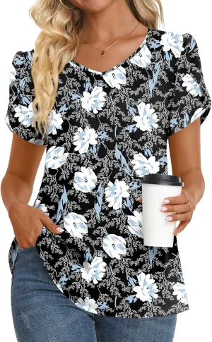 HOTGIFT Womens Tunic Tops 2025 Summer Short Sleeve V Neck Chiffon T Shirt M-3XL