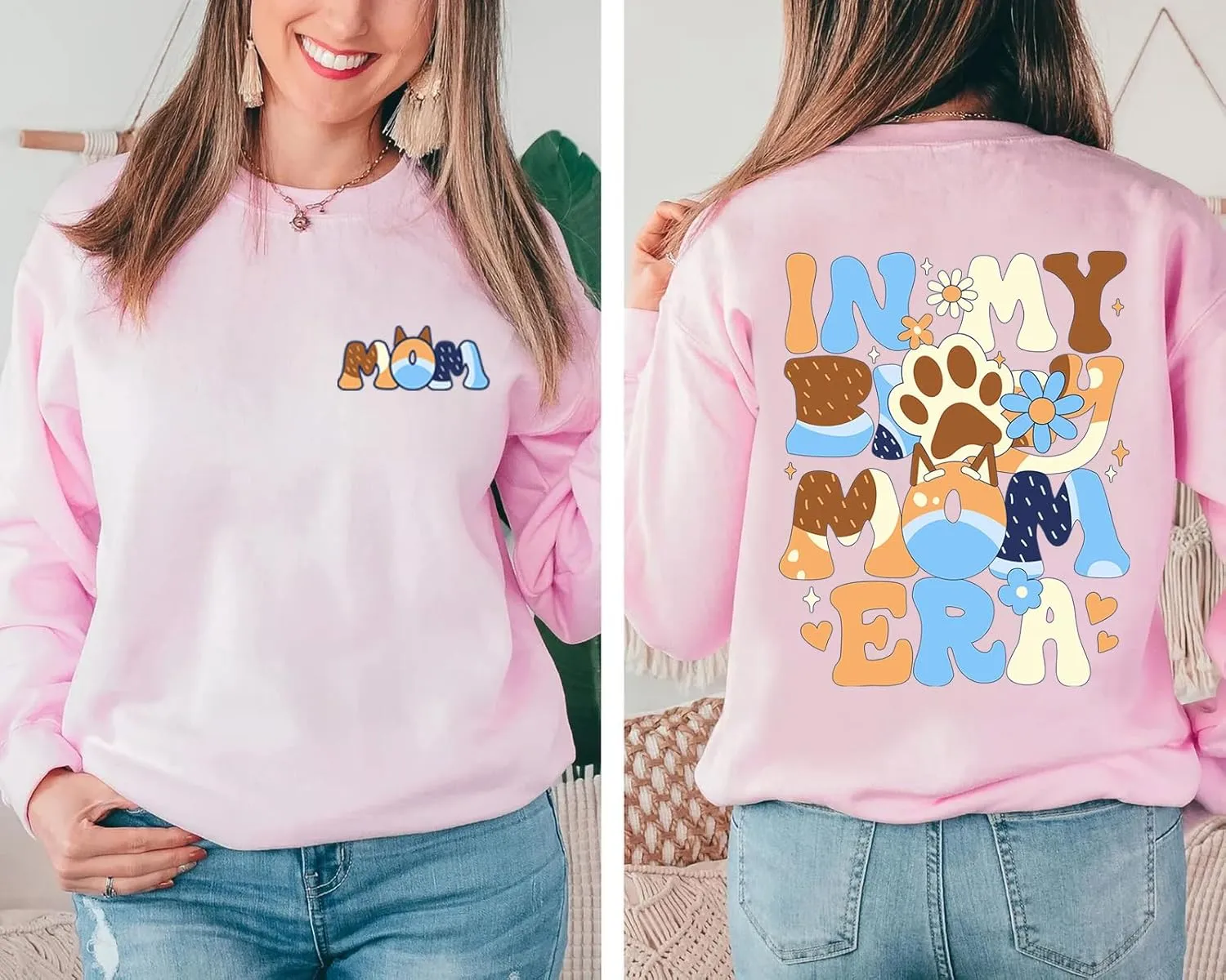 In My Mom Era Sweatshirt Women Mama Crewneck Sweatshirt Long Sleeve Mama Embroidered Pullover Tops