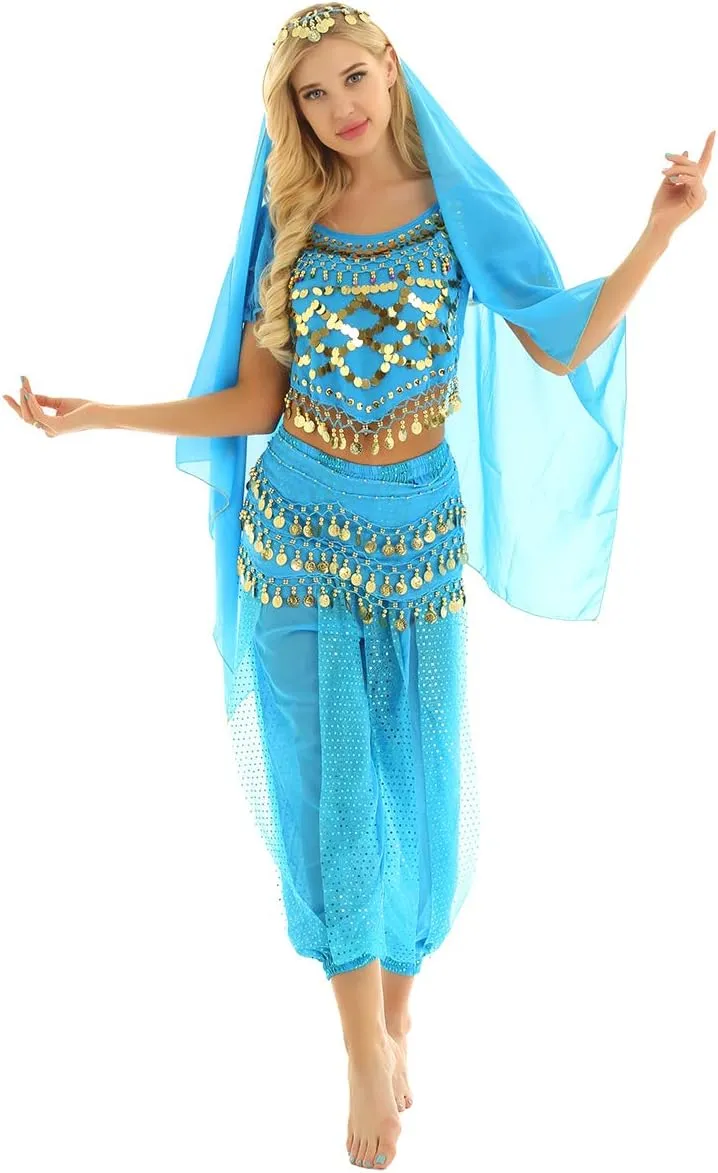 India Belly Dance Costume for Womens Sequin Top Harem Pants Hip Scarf Bollywood Fancy Dress Outfits