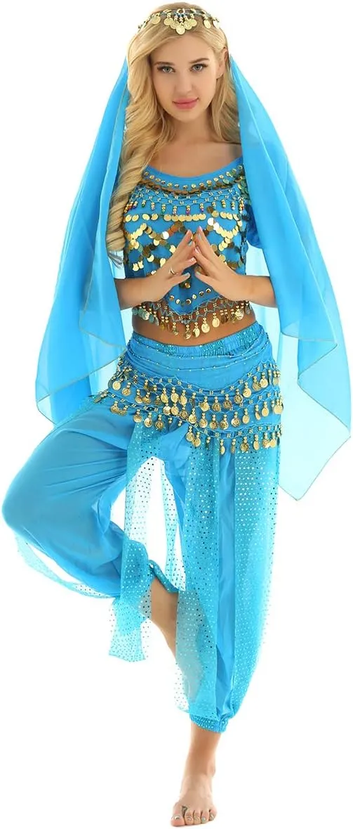 India Belly Dance Costume for Womens Sequin Top Harem Pants Hip Scarf Bollywood Fancy Dress Outfits