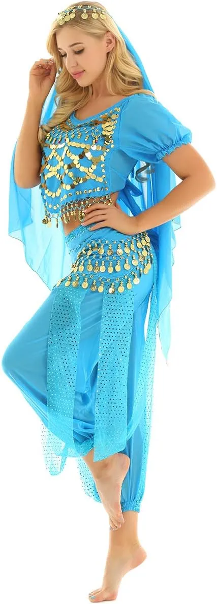 India Belly Dance Costume for Womens Sequin Top Harem Pants Hip Scarf Bollywood Fancy Dress Outfits