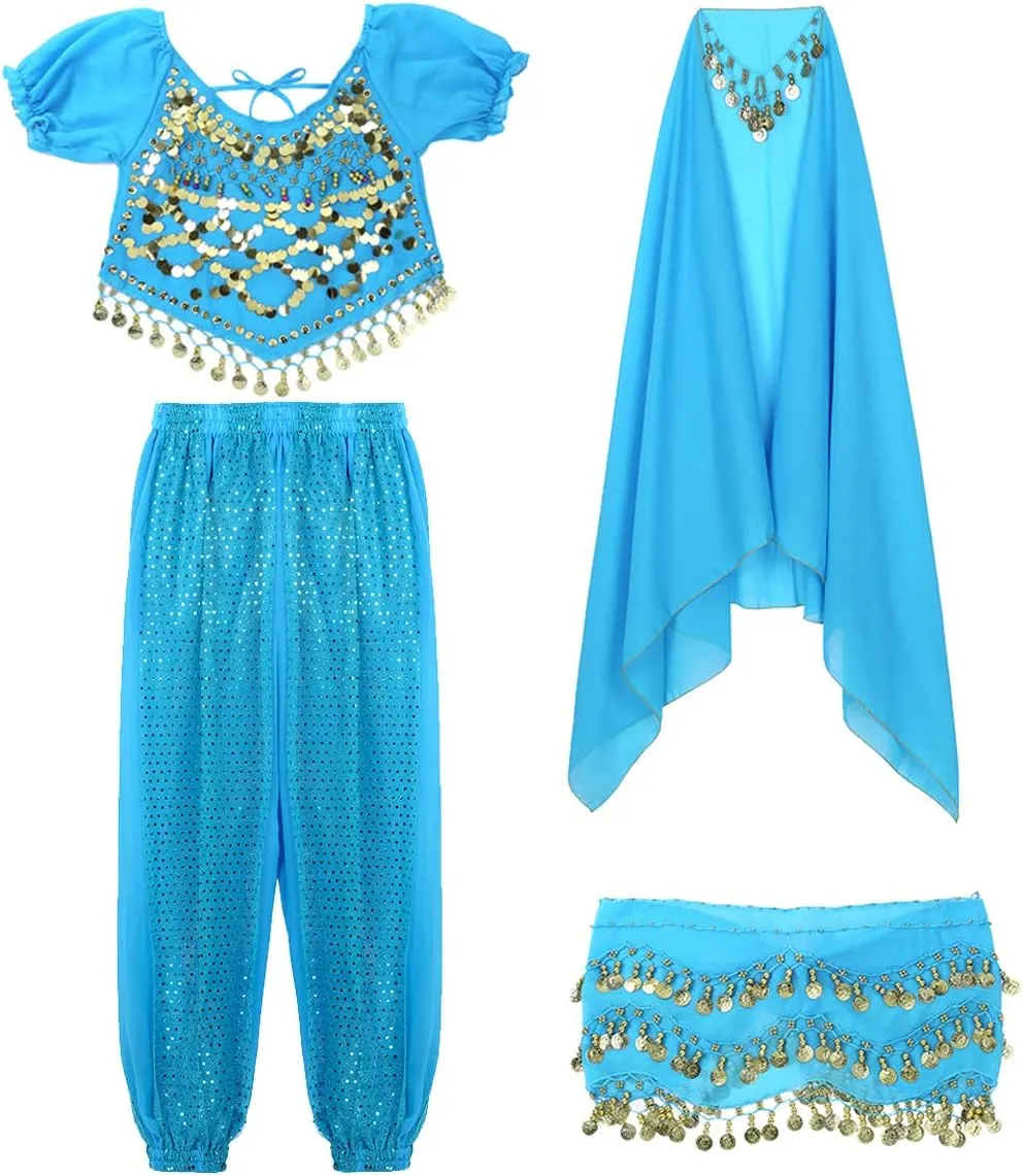 India Belly Dance Costume for Womens Sequin Top Harem Pants Hip Scarf Bollywood Fancy Dress Outfits