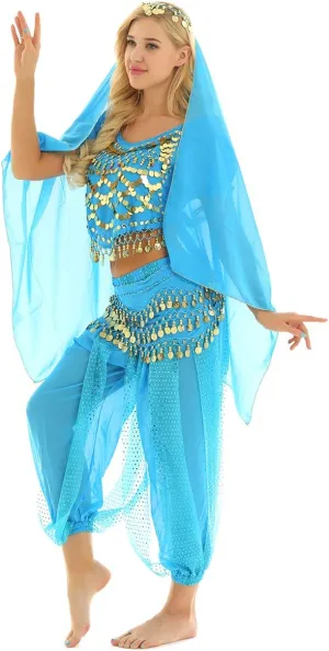 India Belly Dance Costume for Womens Sequin Top Harem Pants Hip Scarf Bollywood Fancy Dress Outfits