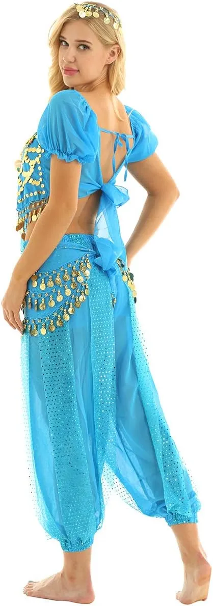 India Belly Dance Costume for Womens Sequin Top Harem Pants Hip Scarf Bollywood Fancy Dress Outfits