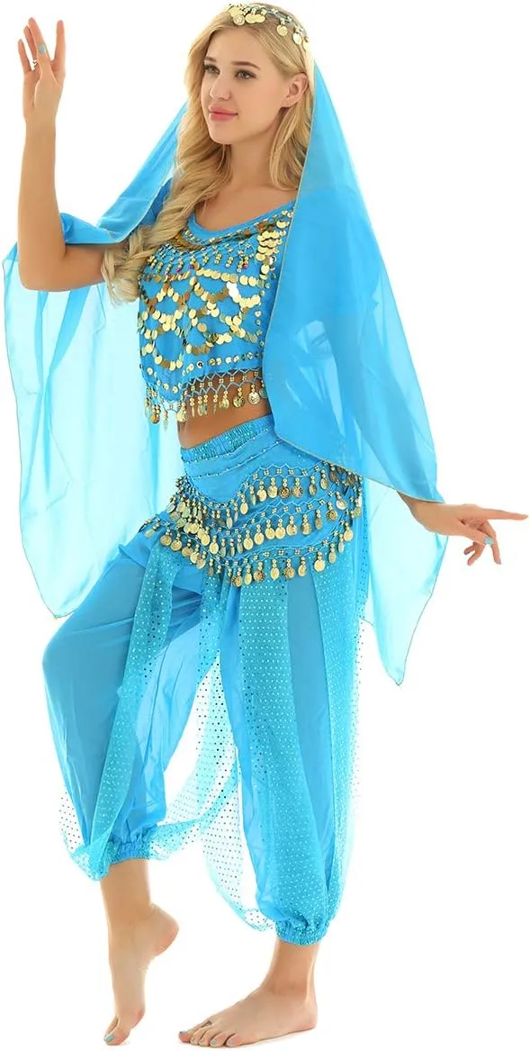 India Belly Dance Costume for Womens Sequin Top Harem Pants Hip Scarf Bollywood Fancy Dress Outfits