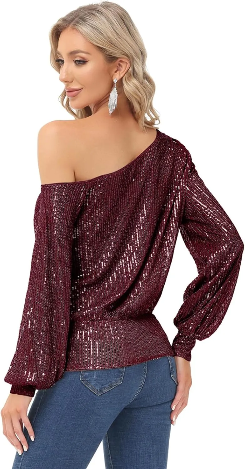 KANCY KOLE Sequin One Shoulder Sparkly Long Sleeve Tops for Holiday Evening Party Club Night