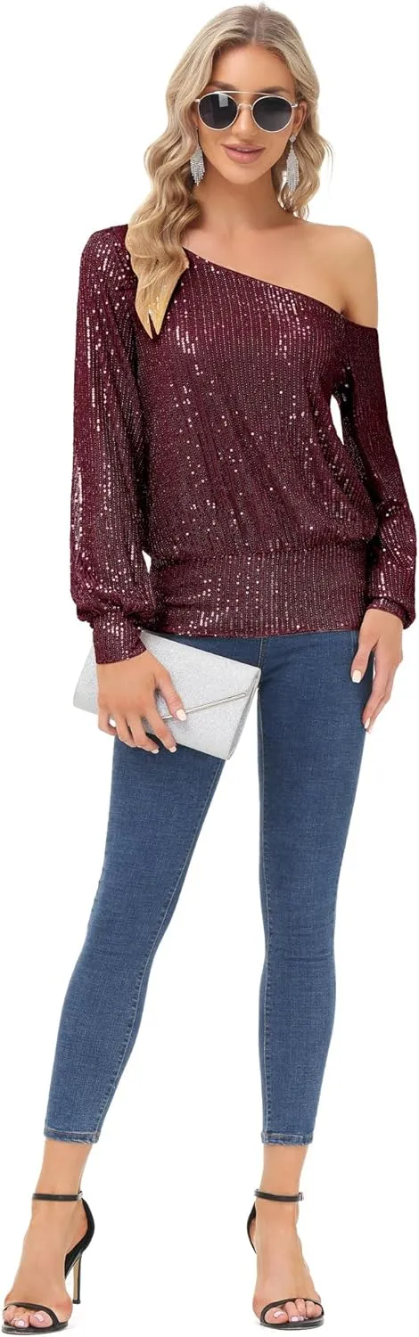 KANCY KOLE Sequin One Shoulder Sparkly Long Sleeve Tops for Holiday Evening Party Club Night