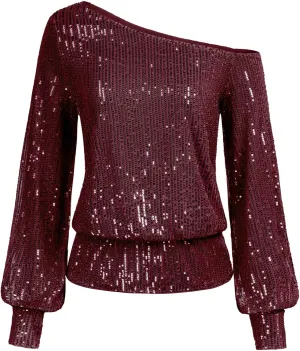 KANCY KOLE Sequin One Shoulder Sparkly Long Sleeve Tops for Holiday Evening Party Club Night