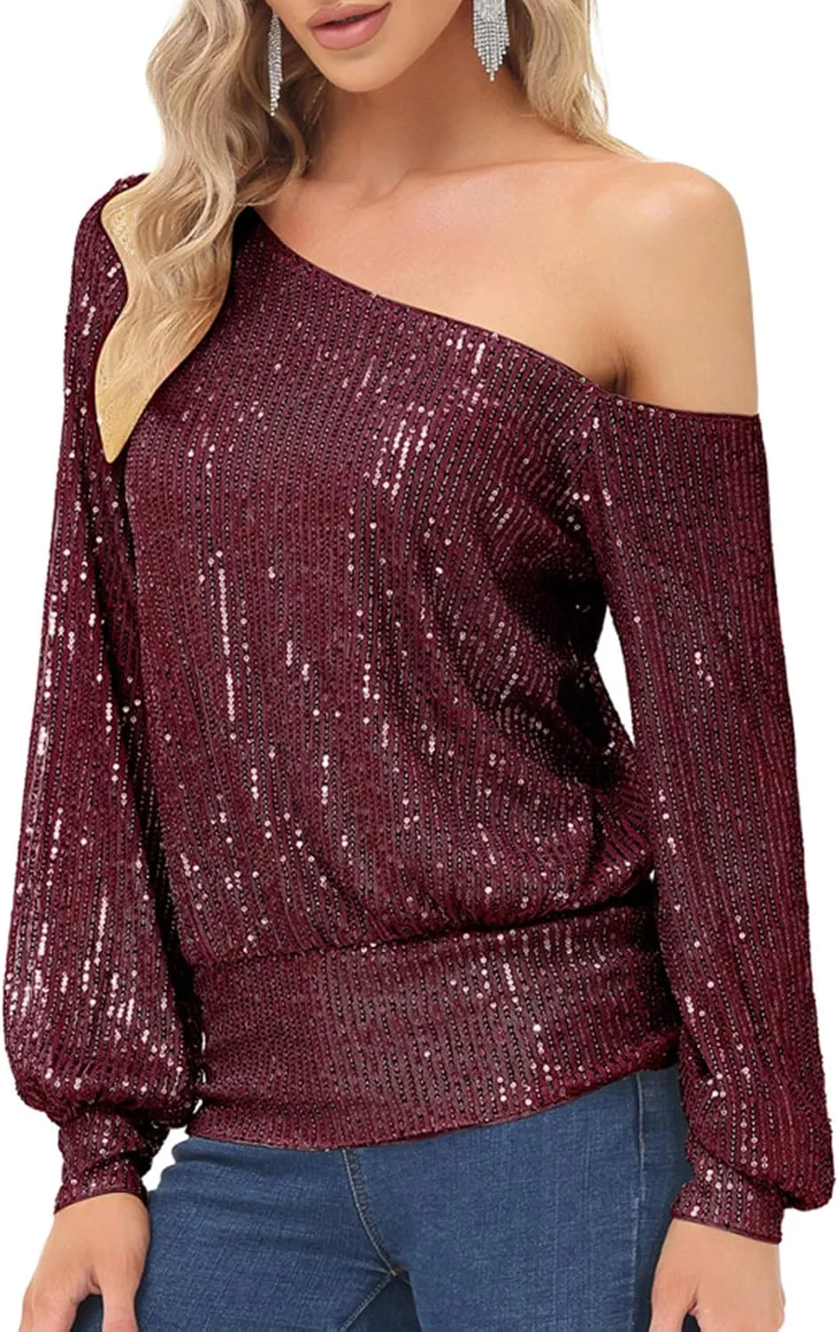 KANCY KOLE Sequin One Shoulder Sparkly Long Sleeve Tops for Holiday Evening Party Club Night