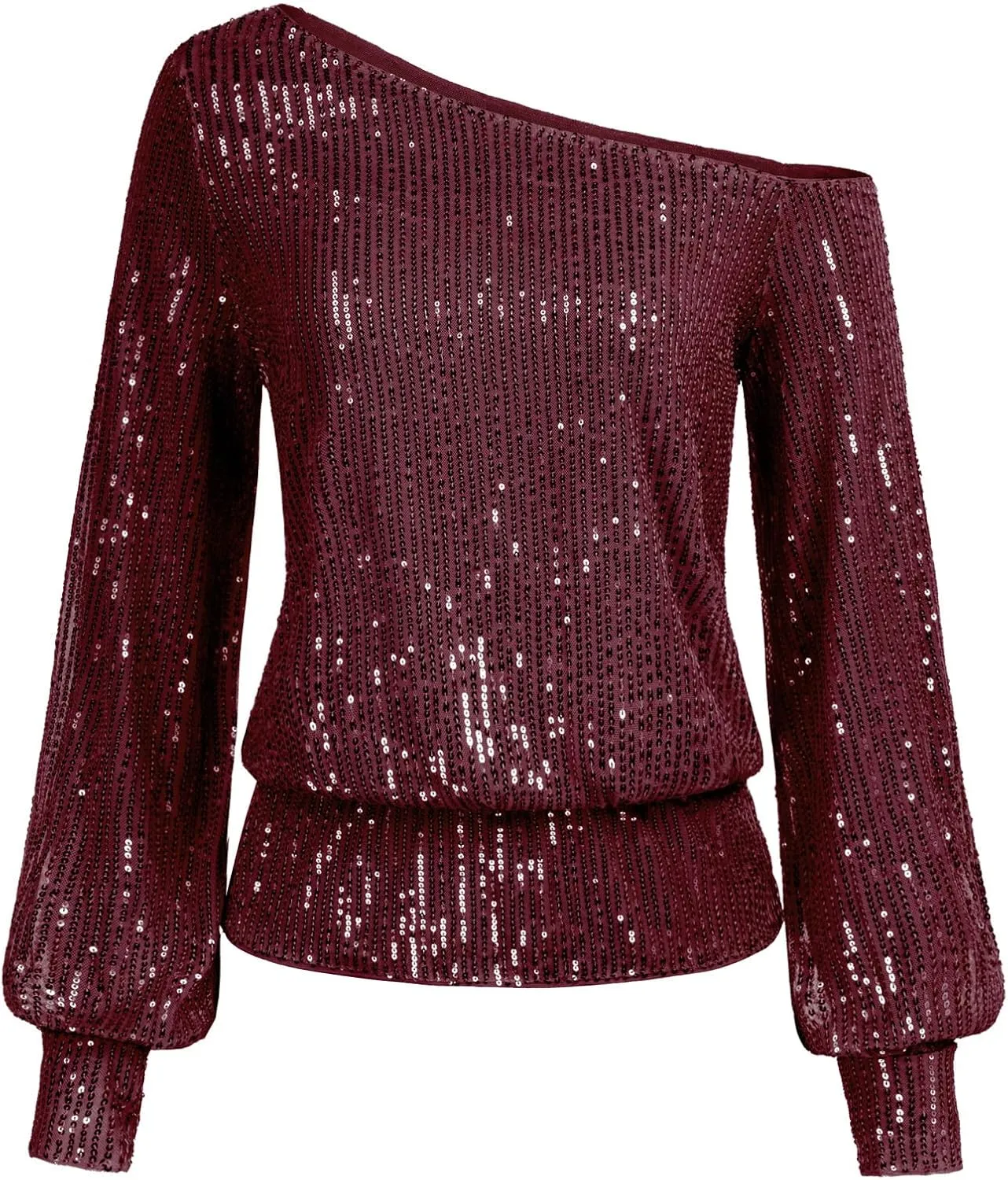 KANCY KOLE Sequin One Shoulder Sparkly Long Sleeve Tops for Holiday Evening Party Club Night