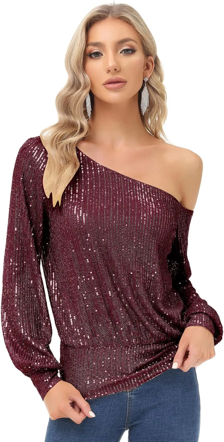 KANCY KOLE Sequin One Shoulder Sparkly Long Sleeve Tops for Holiday Evening Party Club Night