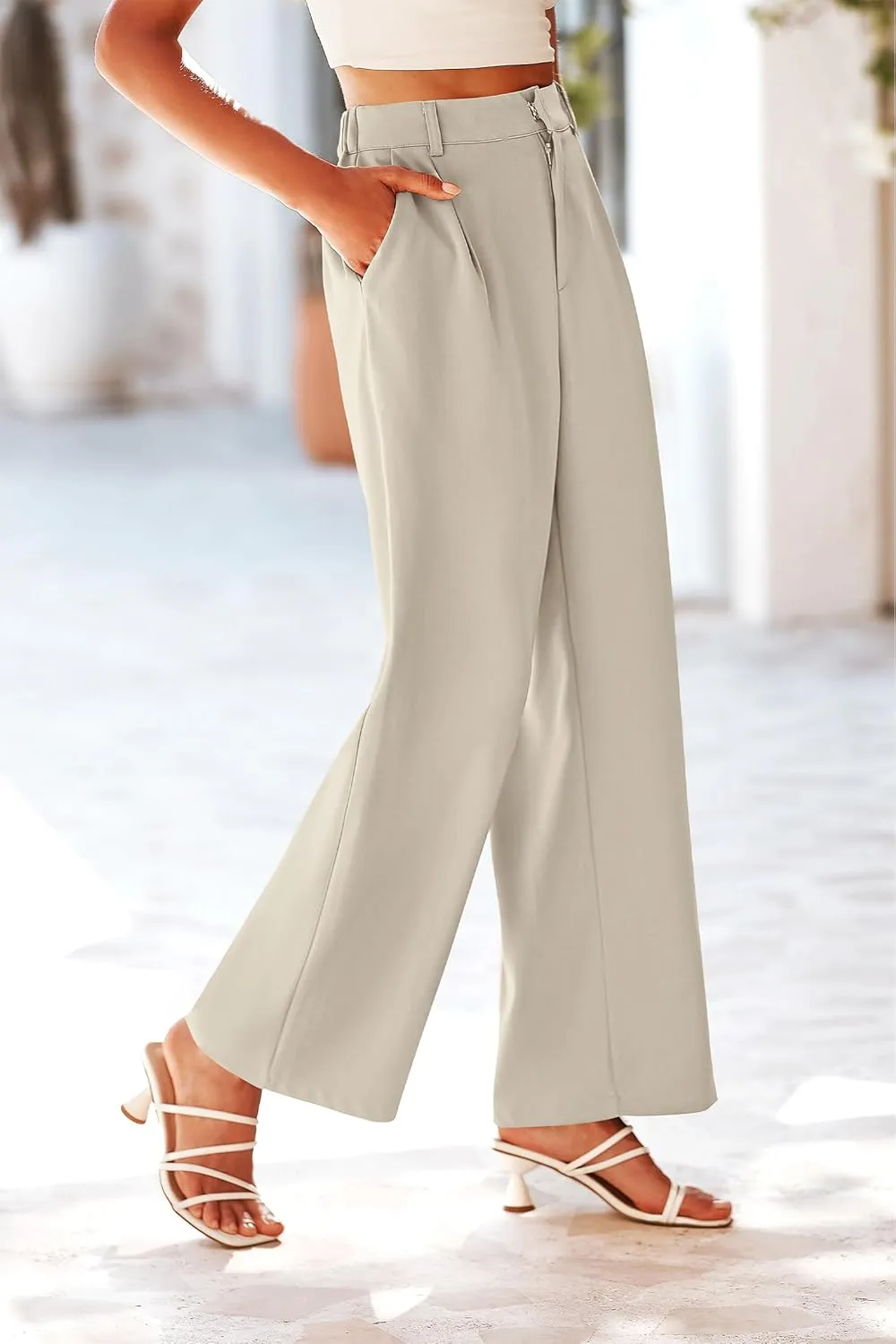 KIRUNDO Women's Elastic High Waisted Wide Leg Dress Pants Loose Fit Pleated Front Business Casual Work Pants Trousers