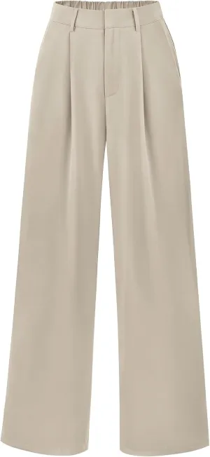KIRUNDO Women's Elastic High Waisted Wide Leg Dress Pants Loose Fit Pleated Front Business Casual Work Pants Trousers