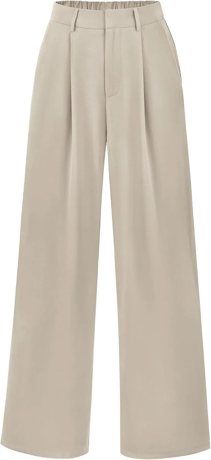 KIRUNDO Women's Elastic High Waisted Wide Leg Dress Pants Loose Fit Pleated Front Business Casual Work Pants Trousers
