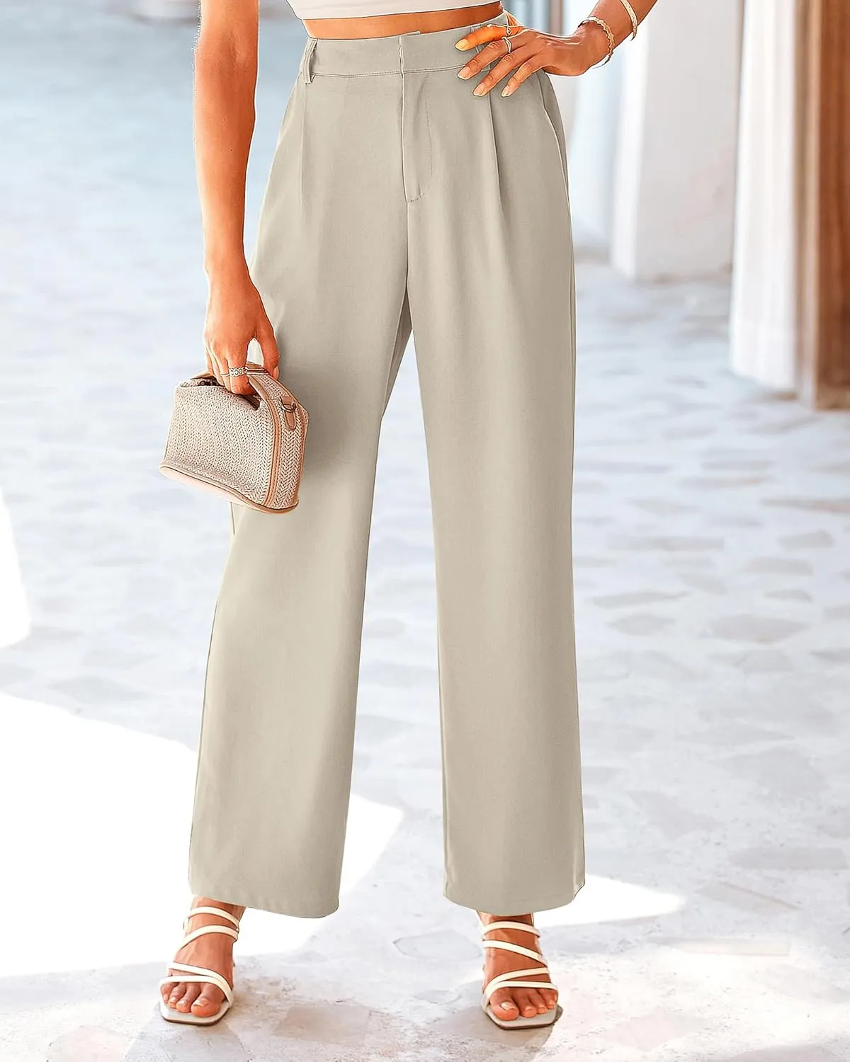KIRUNDO Women's Elastic High Waisted Wide Leg Dress Pants Loose Fit Pleated Front Business Casual Work Pants Trousers