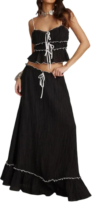 KOSUSANILL Women 2 Piece Maxi Skirt Set Flowy Ruffle Long Skirt Sexy Two Piece Outfit Open Back Crop Top Skirt Matching Sets