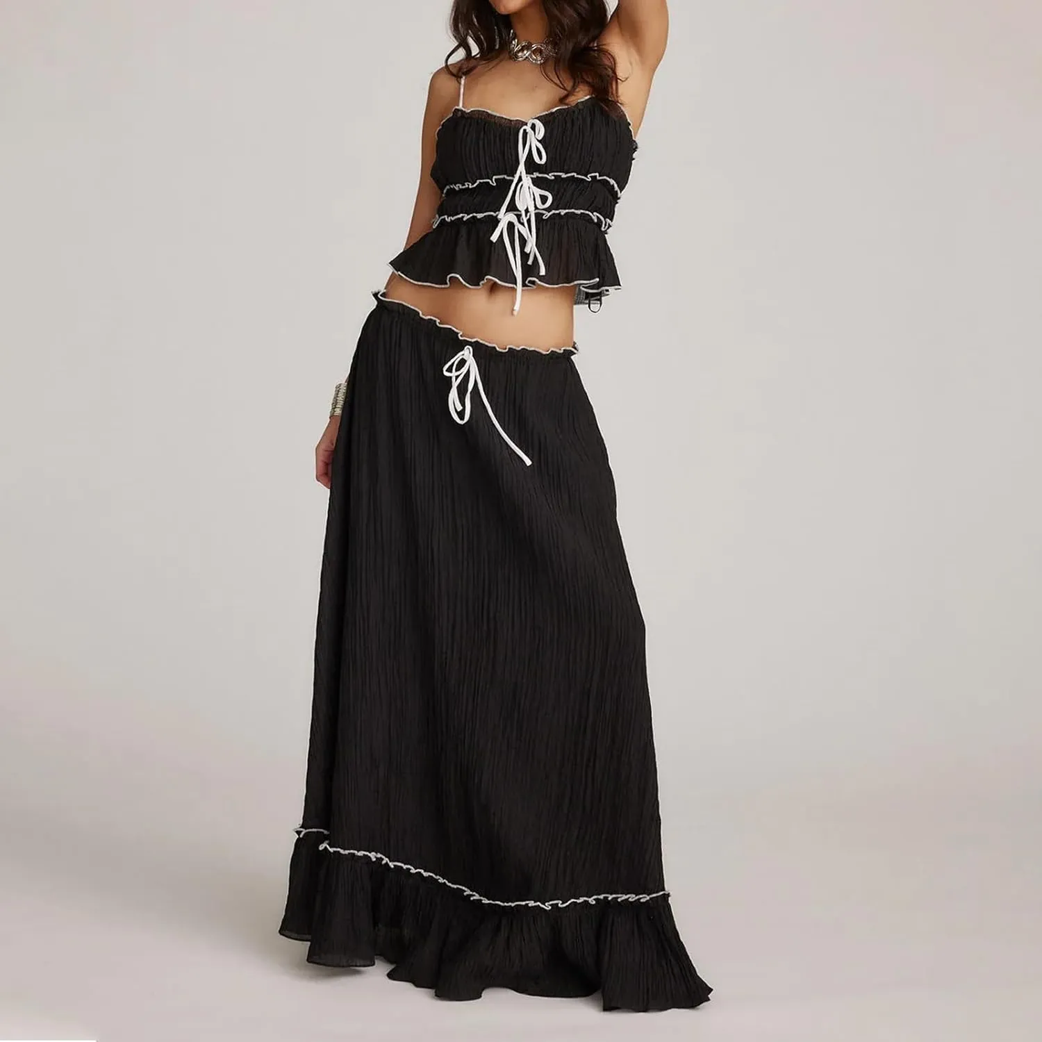 KOSUSANILL Women 2 Piece Maxi Skirt Set Flowy Ruffle Long Skirt Sexy Two Piece Outfit Open Back Crop Top Skirt Matching Sets