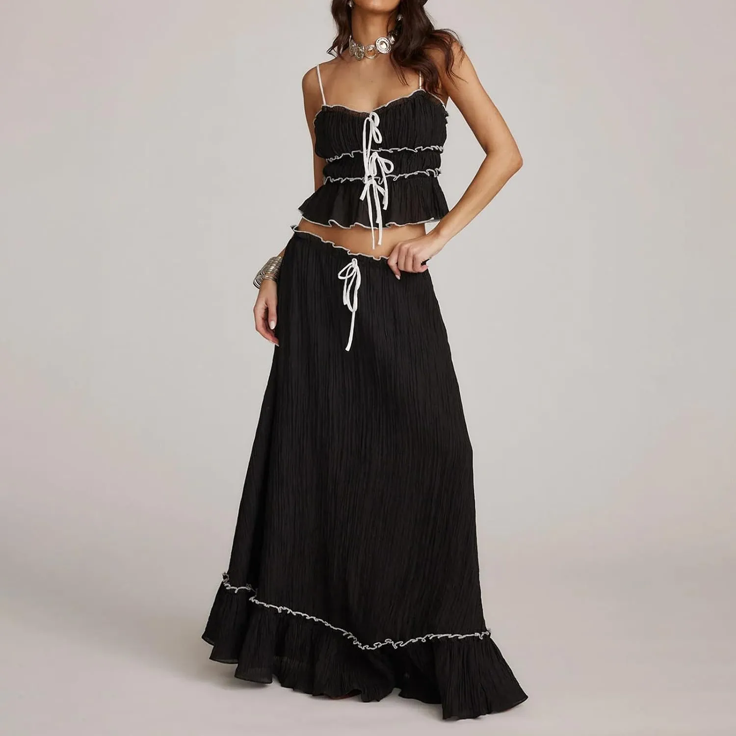 KOSUSANILL Women 2 Piece Maxi Skirt Set Flowy Ruffle Long Skirt Sexy Two Piece Outfit Open Back Crop Top Skirt Matching Sets