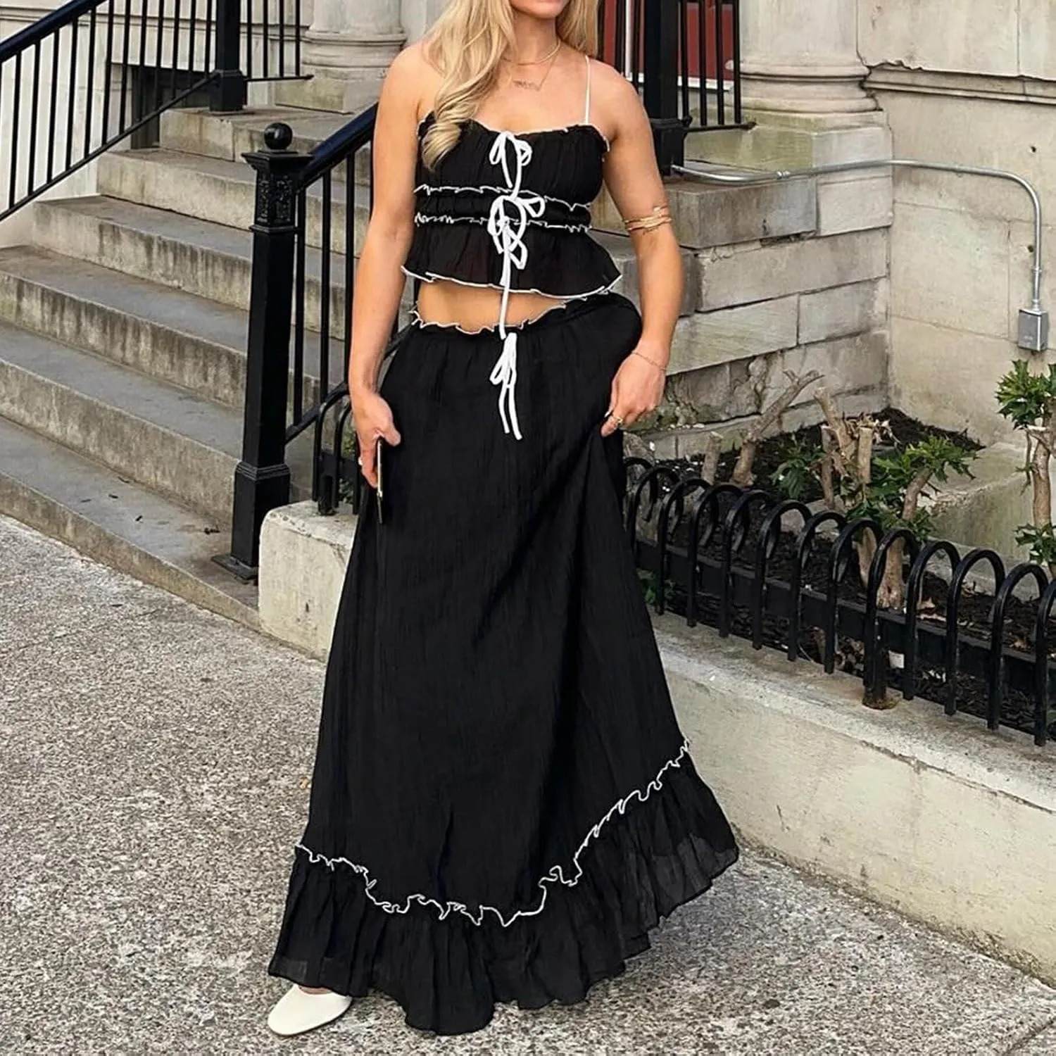 KOSUSANILL Women 2 Piece Maxi Skirt Set Flowy Ruffle Long Skirt Sexy Two Piece Outfit Open Back Crop Top Skirt Matching Sets