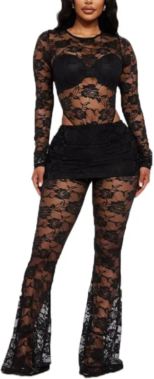ksotutm Women 2 Piece Outfits Lace Tops and Long Pants Skort Sexy Business Casual Outfits