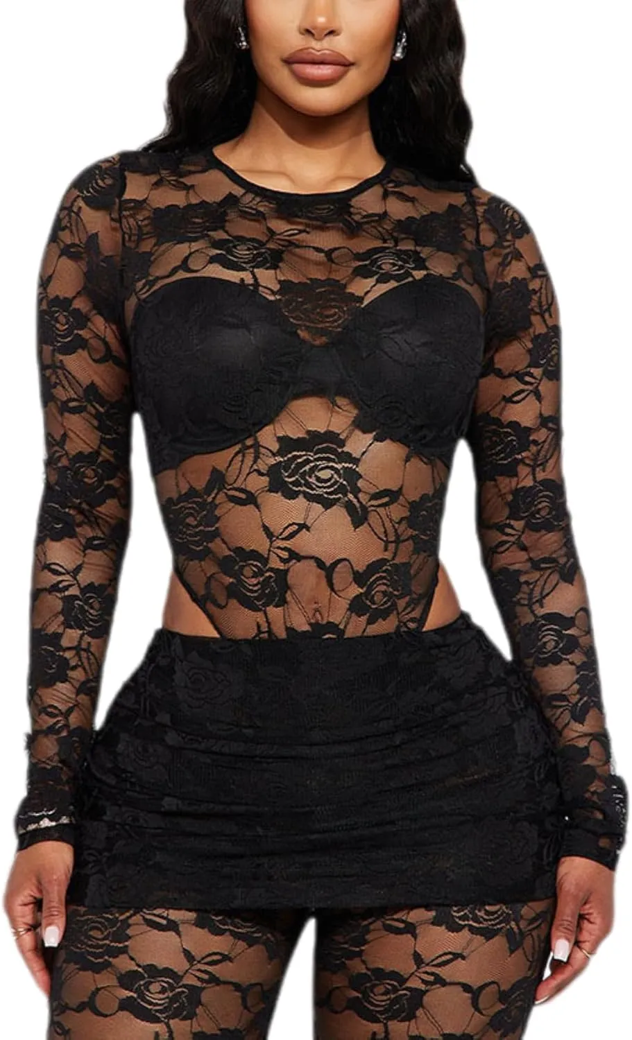 ksotutm Women 2 Piece Outfits Lace Tops and Long Pants Skort Sexy Business Casual Outfits