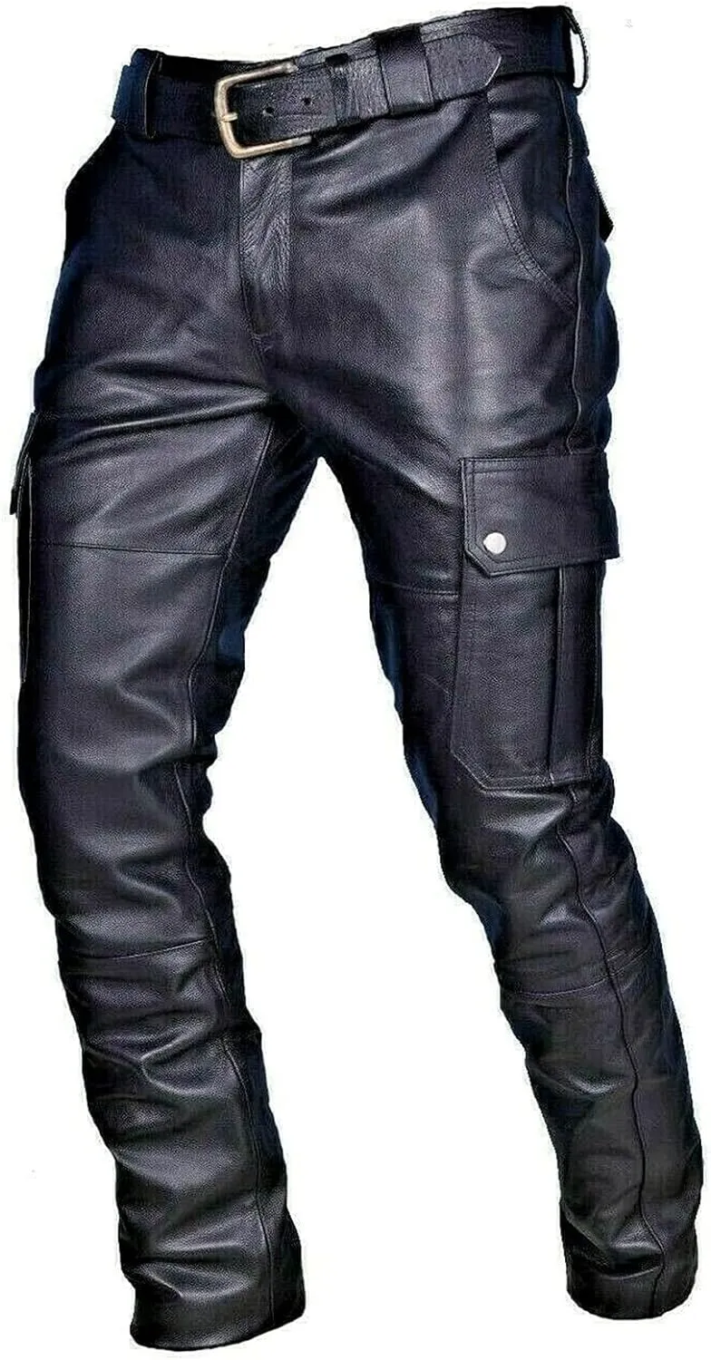 Leather Pants for Men Slim Fit Skinny Stretch Faux Leather Motorcycle Biker Pants Punk Retro Goth Hip Hop Trousers