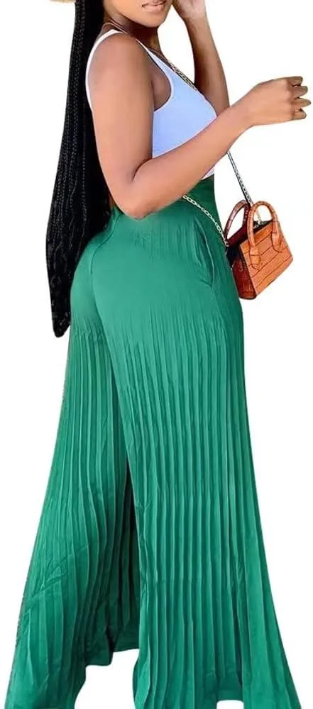 Lexiart Womens High Waisted Chiffon Loose Pleated Wide Leg Palazzo Pants
