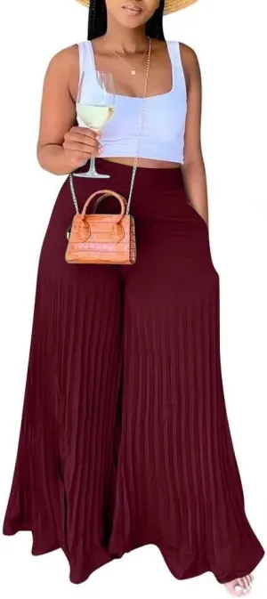 Lexiart Womens High Waisted Chiffon Loose Pleated Wide Leg Palazzo Pants