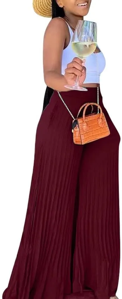 Lexiart Womens High Waisted Chiffon Loose Pleated Wide Leg Palazzo Pants