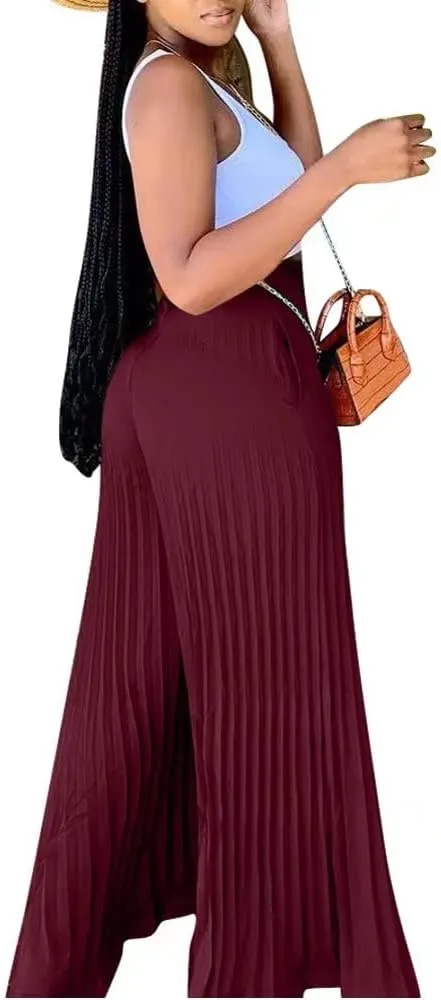 Lexiart Womens High Waisted Chiffon Loose Pleated Wide Leg Palazzo Pants