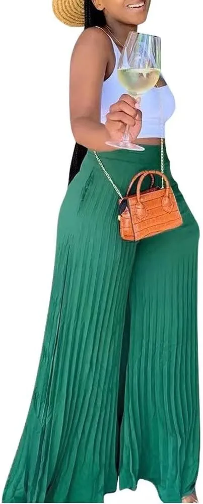 Lexiart Womens High Waisted Chiffon Loose Pleated Wide Leg Palazzo Pants